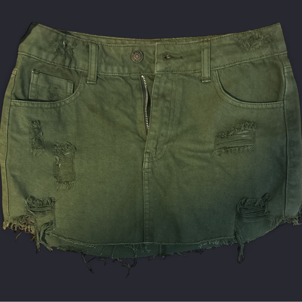 Olive Green Distressed Denim Skirt